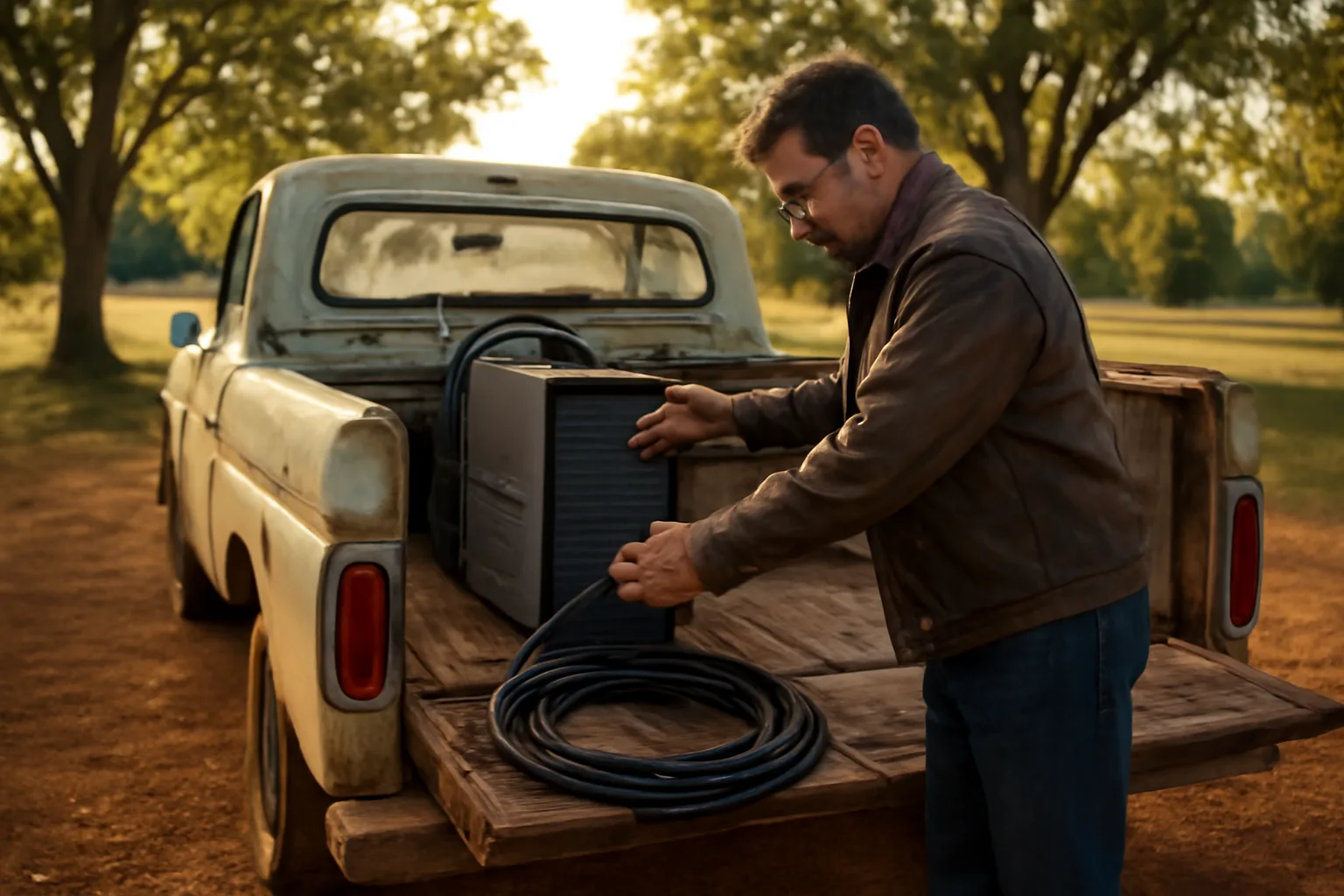 Mobile welder truck parked on an Alabama farm at dusk