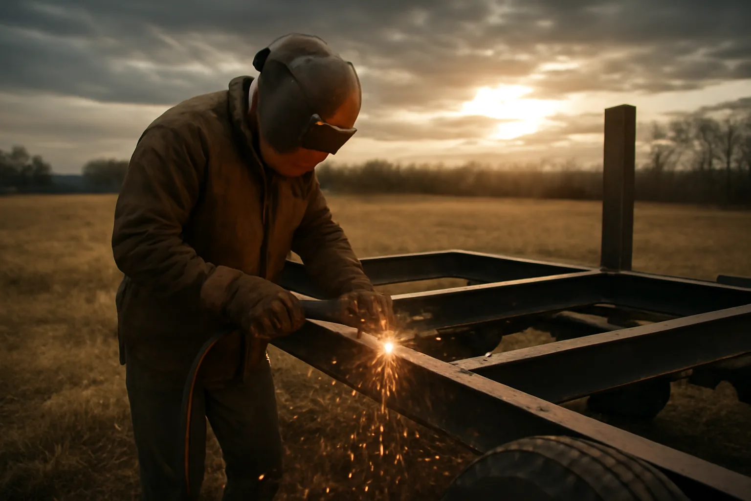 Mobile welder working on a steel trailer frame in a rural Tennessee field at golden hour