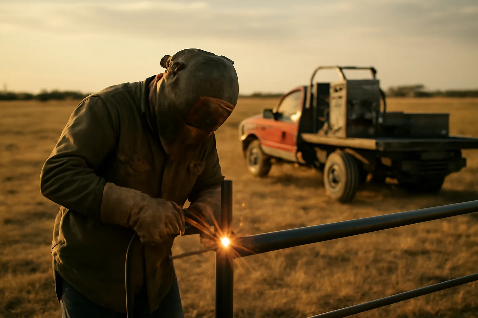 Mobile welder repairing steel fence post at a Texas ranch at golden hour