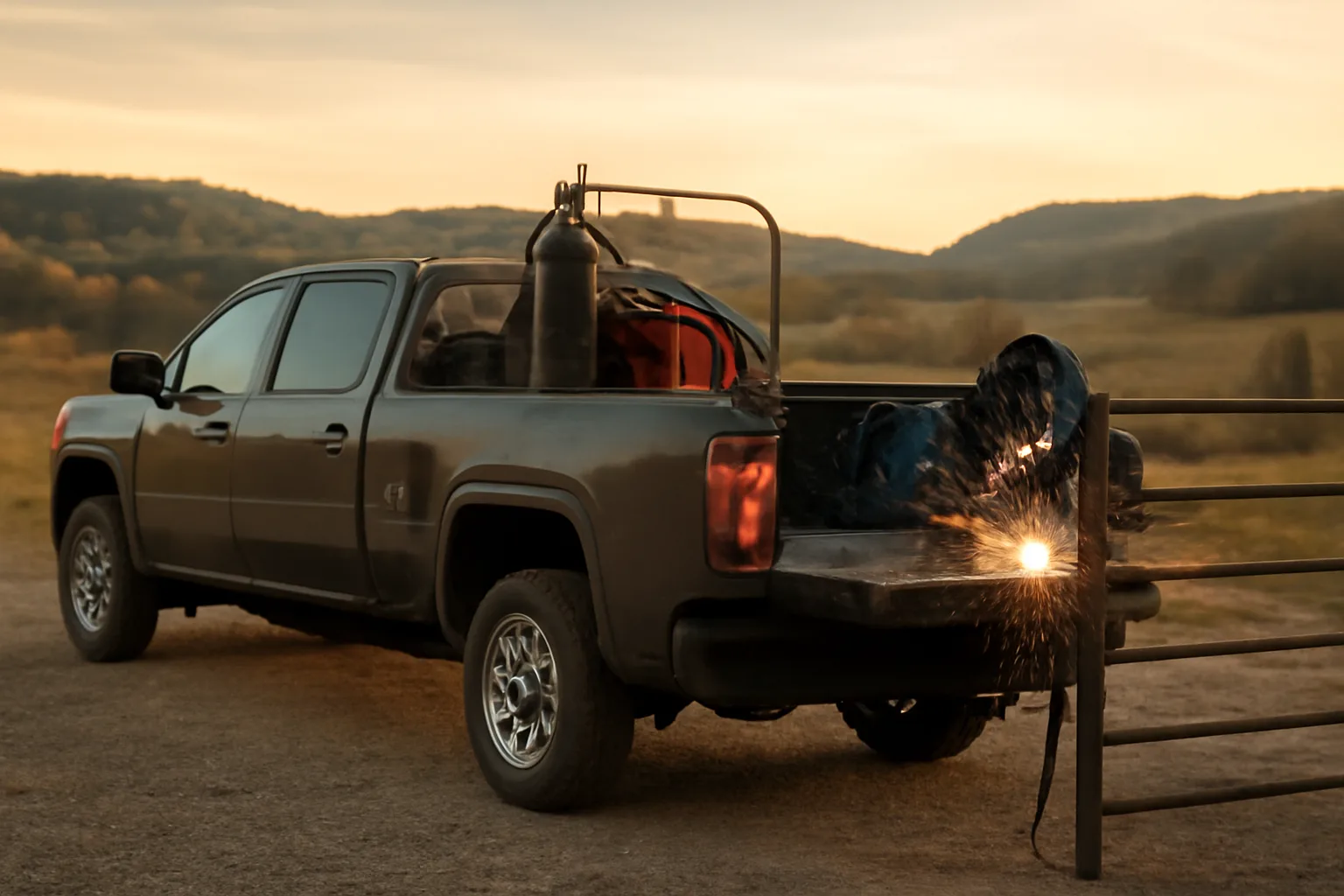 Mobile welding rig truck parked on gravel lot with sparks flying during a weld