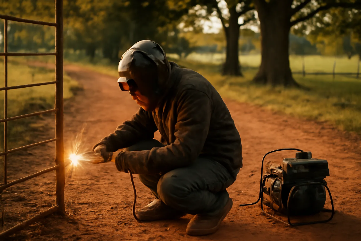 Welder repairs a farm gate on red Alabama clay at sunset