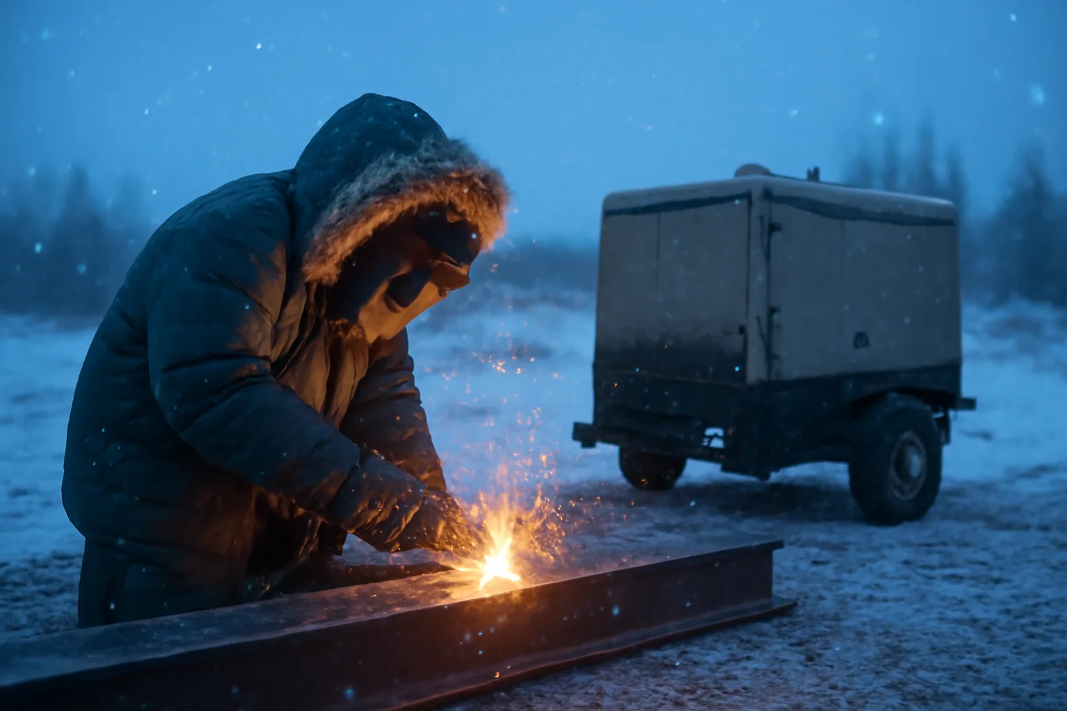 Welder sparks on steel during an Alaska winter field repair