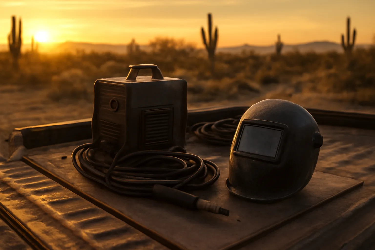 Portable welder and helmet on a truck bed in Arizona