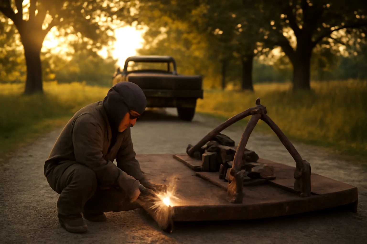 Welder repairs farm equipment beside a truck in rural Arkansas
