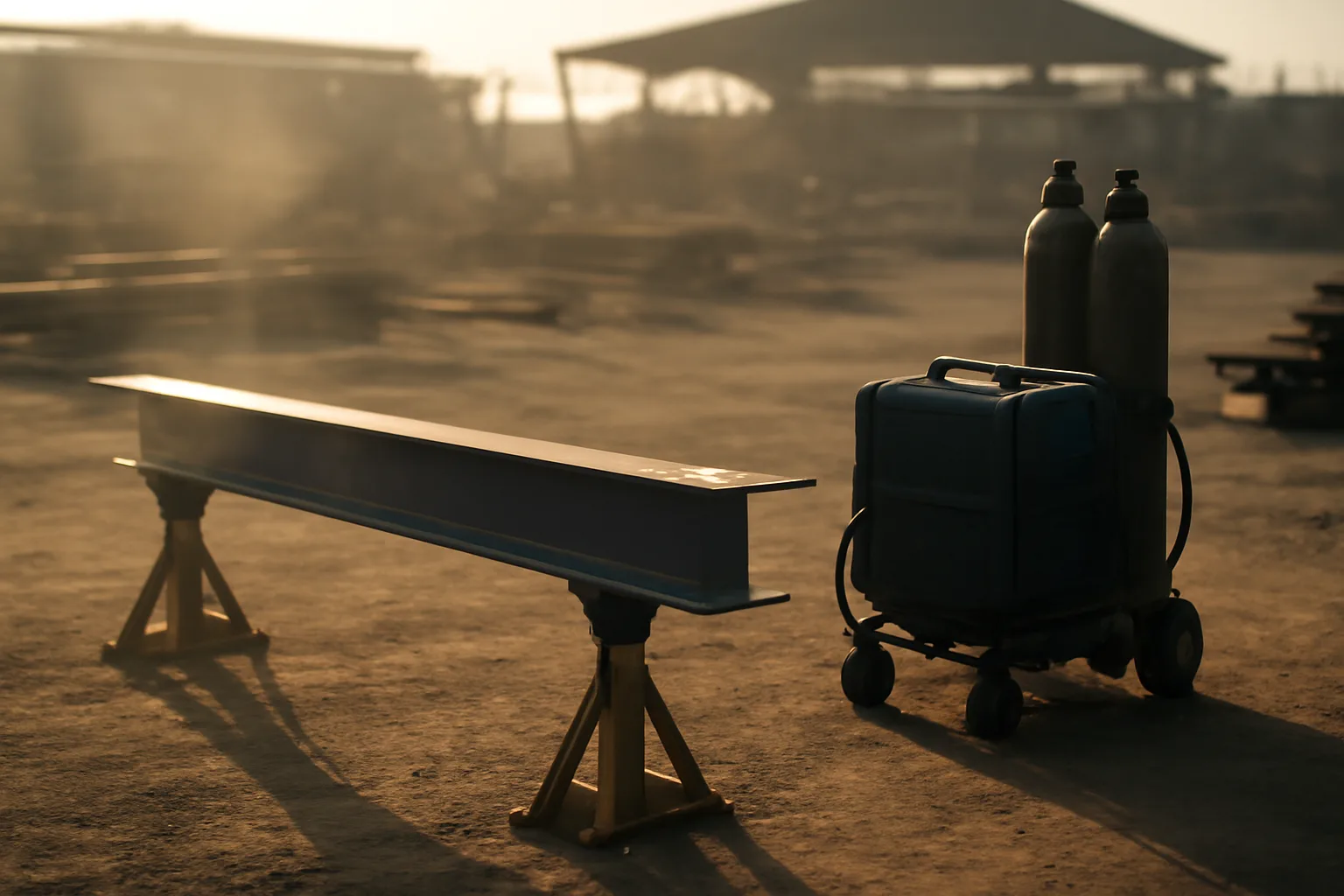 Mobile welder rig beside a steel beam in a California yard