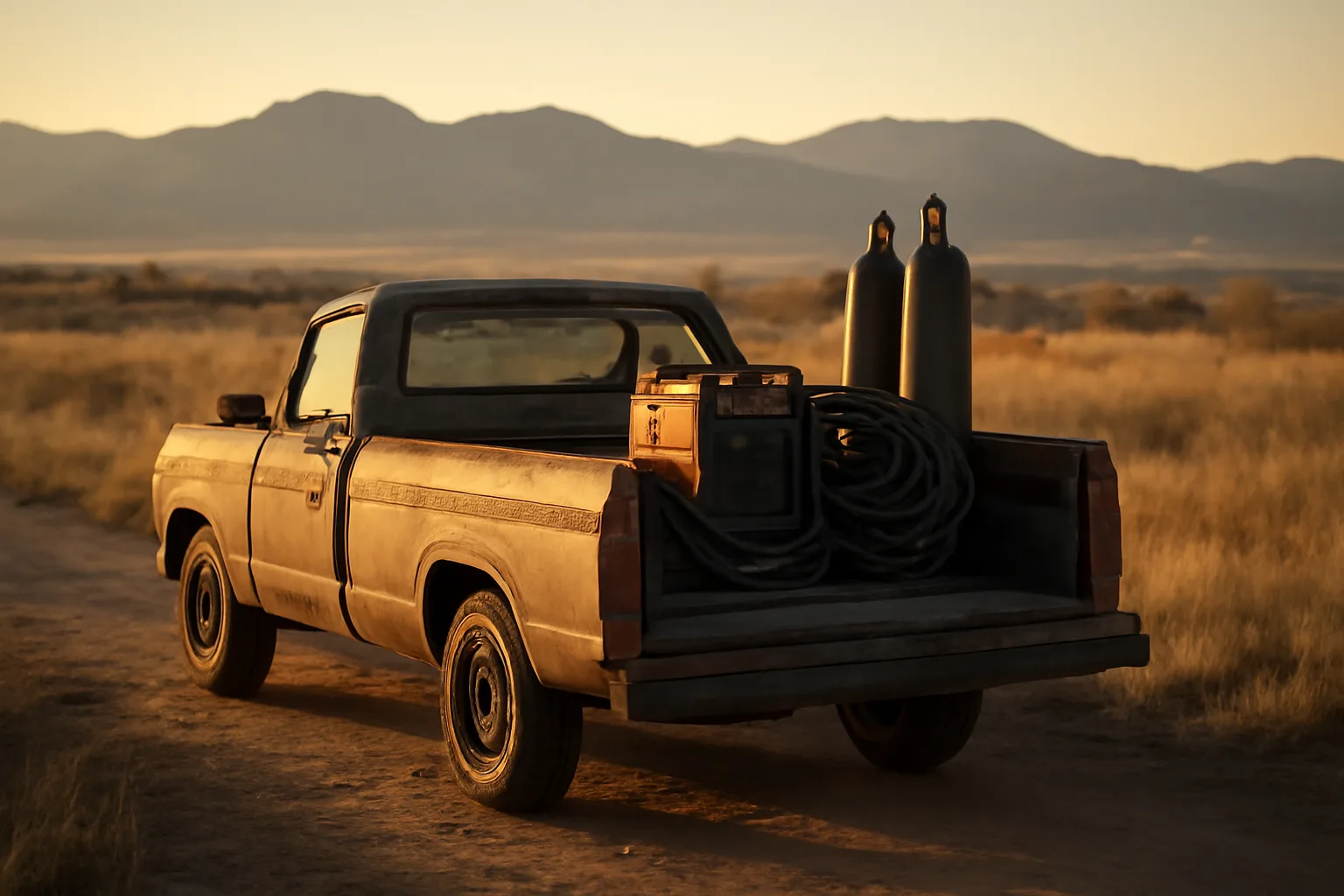 Unbranded pickup and welder on a Colorado Front Range lot