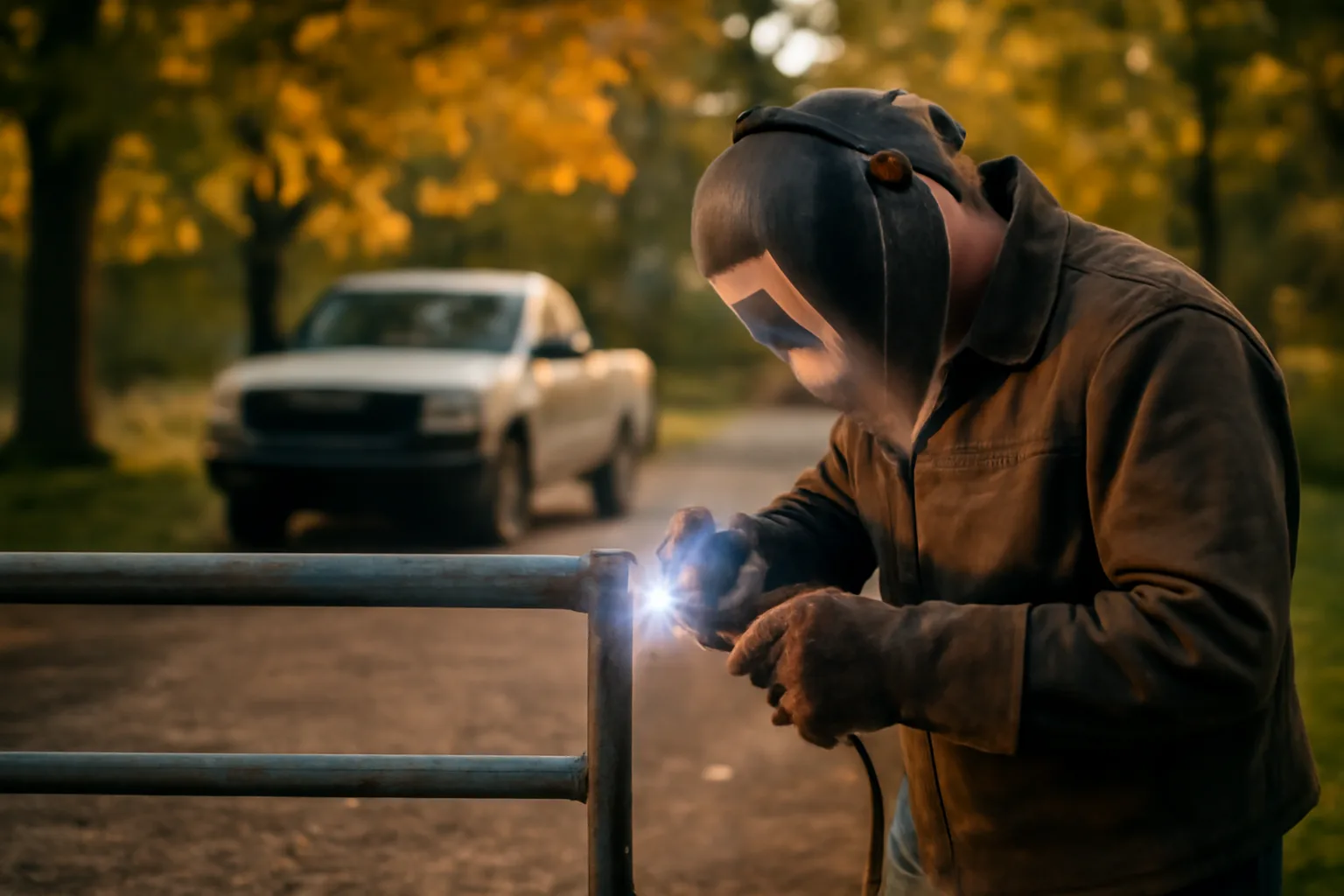 Mobile welder repairing a steel livestock gate in Connecticut afternoon light