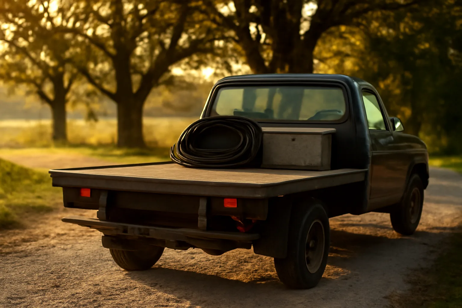 Unmarked pickup with welding cable on a Delaware farm lane