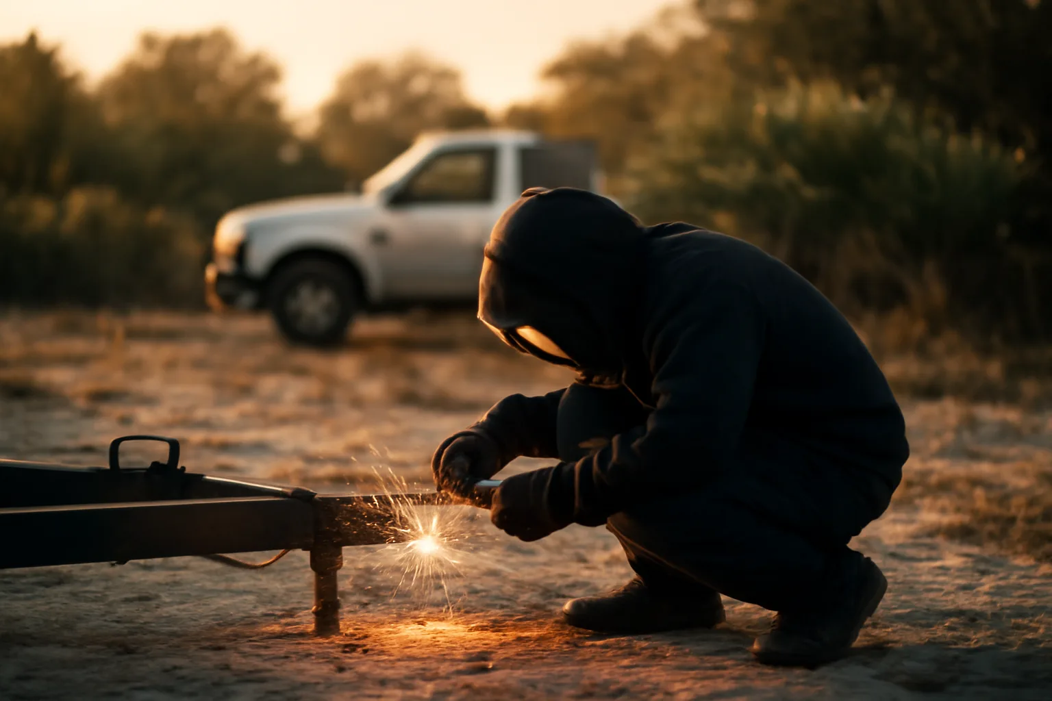Mobile welder works a steel trailer frame in Florida afternoon light