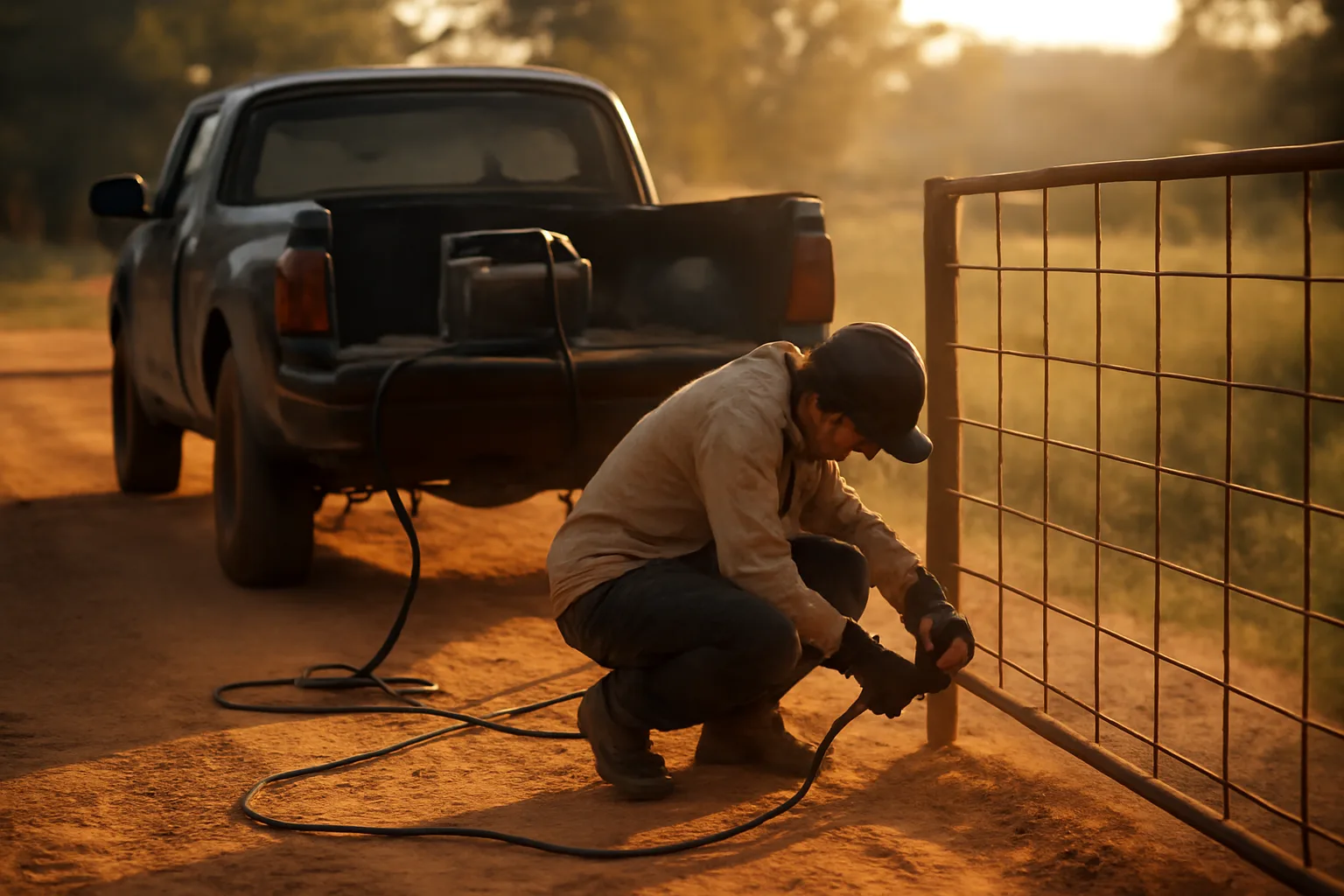 Worker welding a steel farm gate beside a pickup in Georgia
