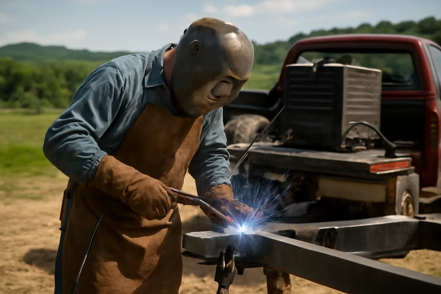 Mobile welder working on steel equipment at a rural Tennessee job site