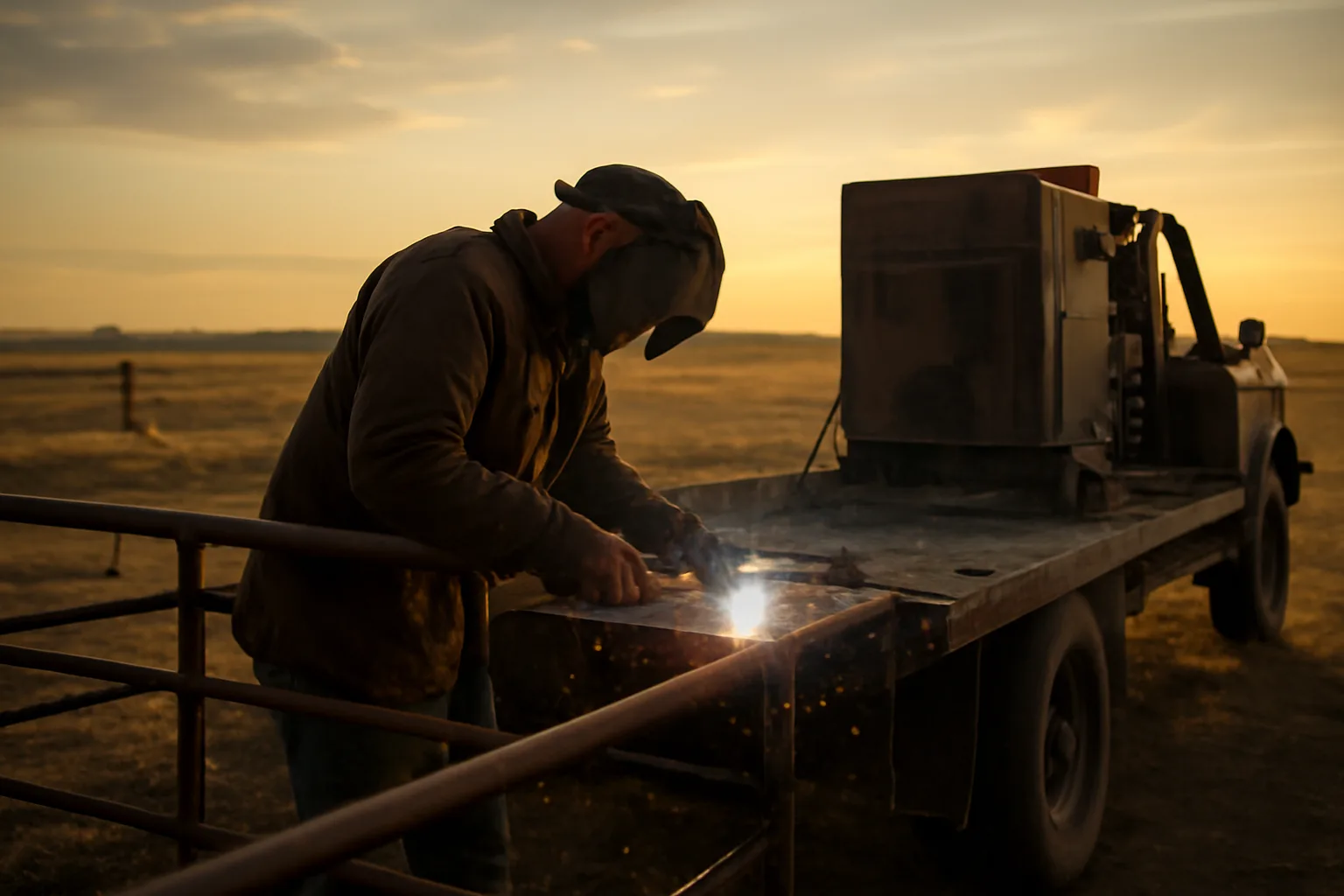 Mobile welder using arc torch on ranch equipment from flatbed truck at sunset