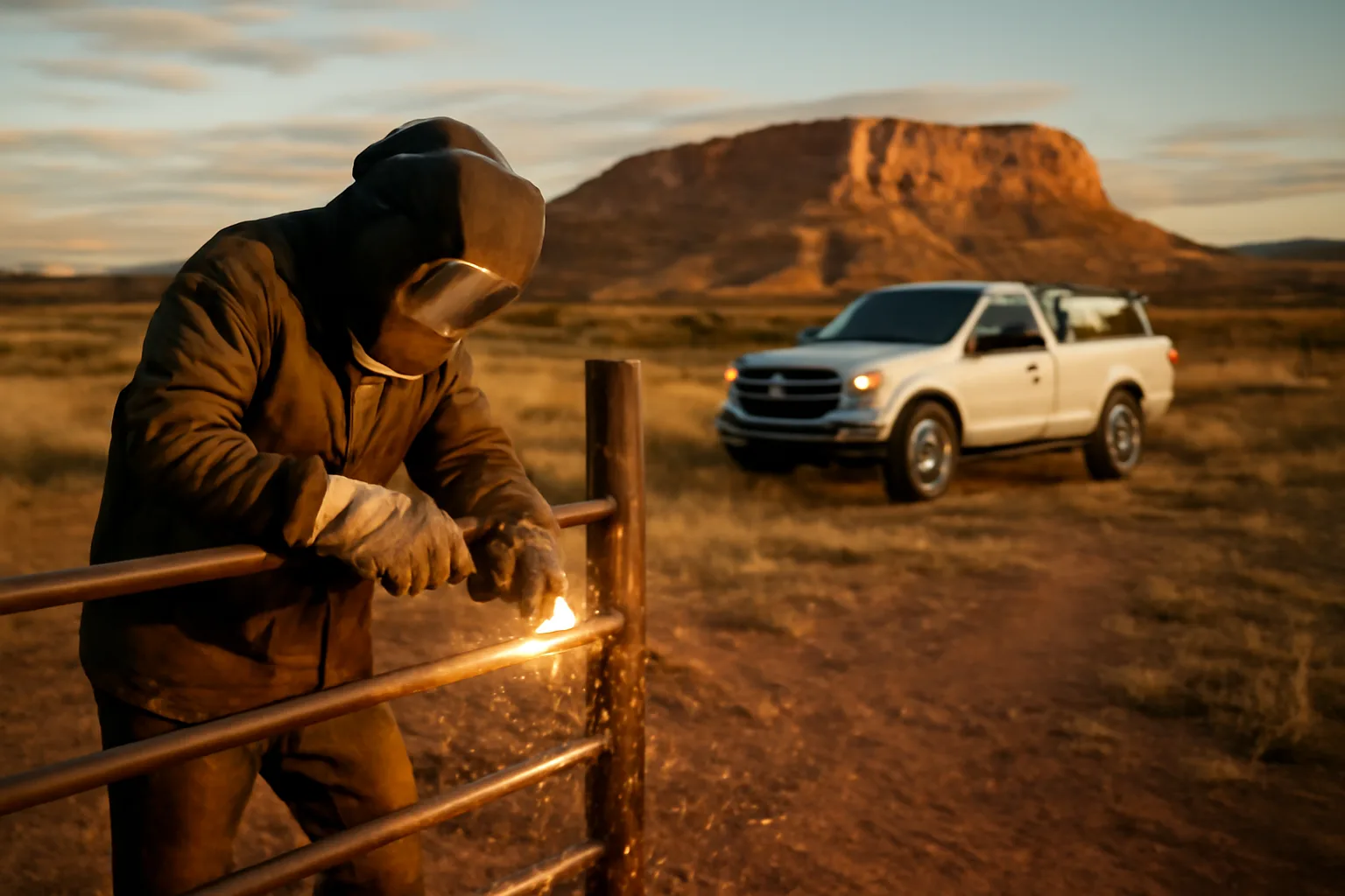 Mobile welder repairing a ranch gate in rural Utah at golden hour