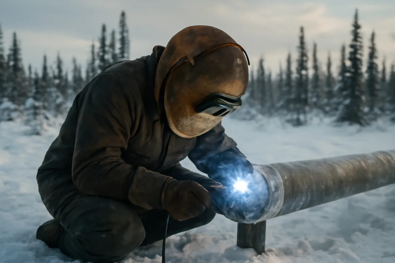 Welder joining steel pipe on snowy Alaska pad