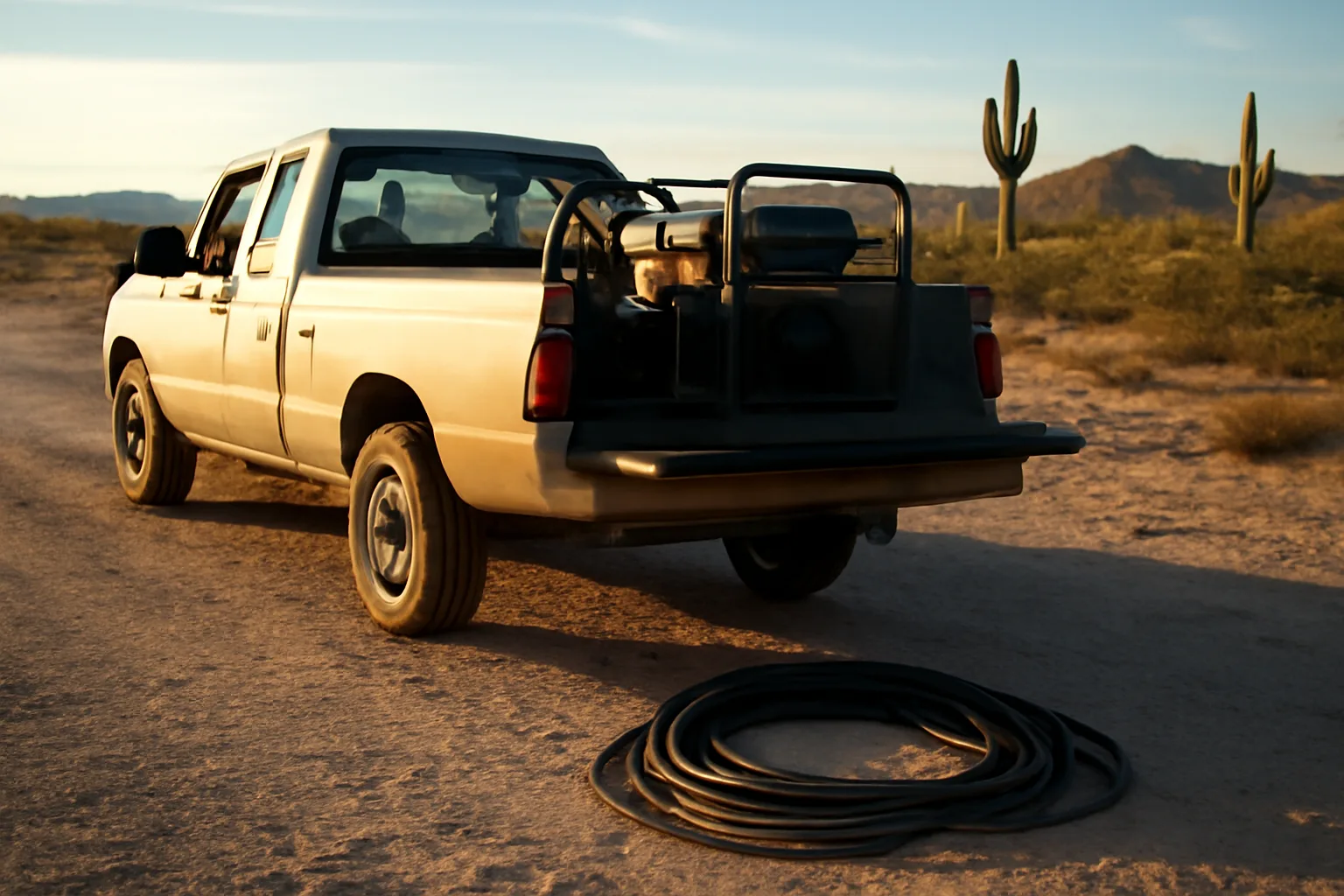 Unmarked mobile welder truck parked in Arizona desert evening light