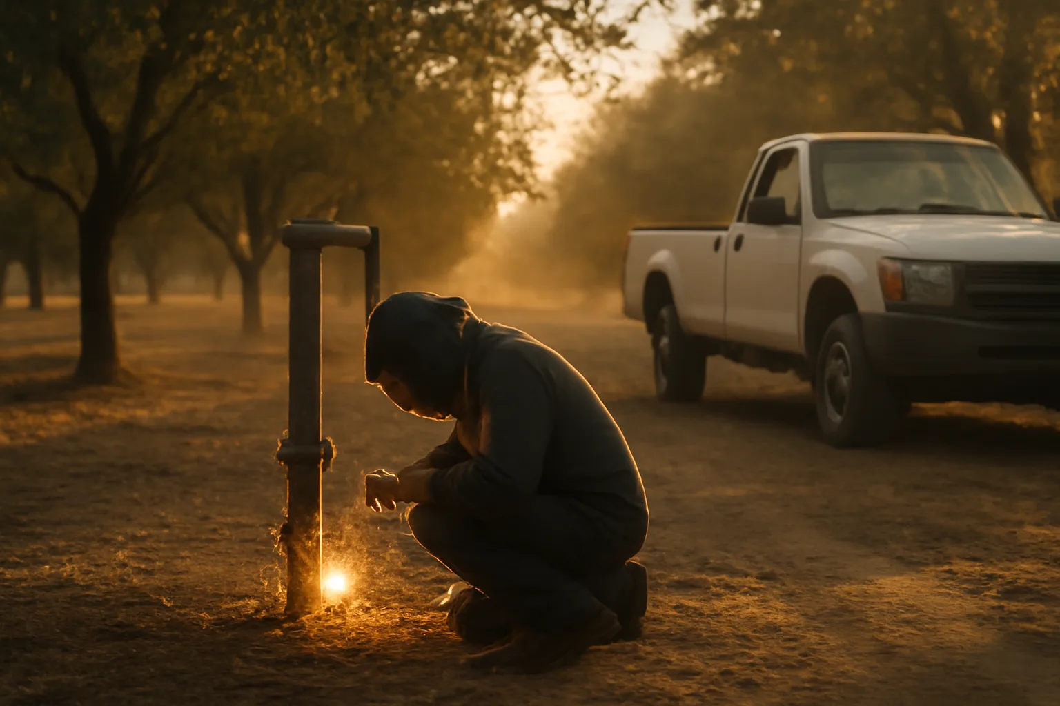 Welder repairing orchard irrigation steel beside a plain work truck