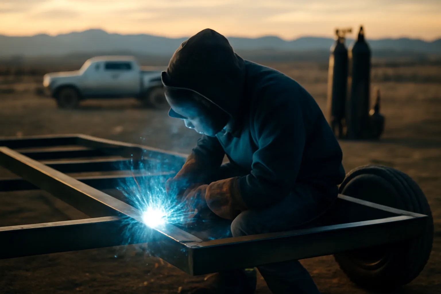 Welder arcs on a steel trailer frame under Colorado foothills light