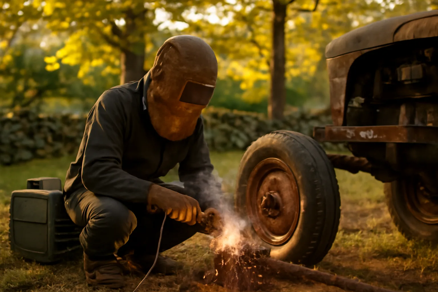 Mobile welder repairing a tractor axle in a Connecticut farmyard
