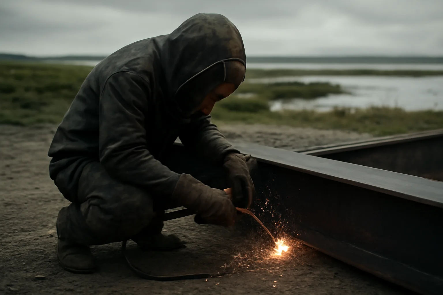 Welder joining steel on a gravel lot in overcast Delaware light