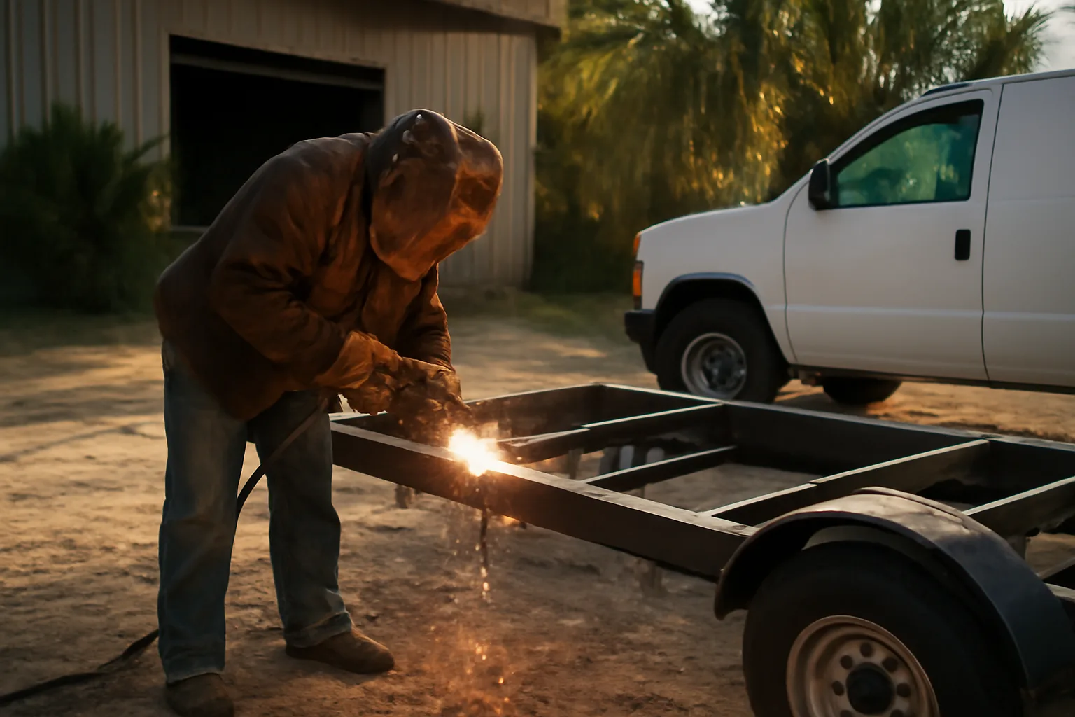 Welder joins steel on a trailer beside an unmarked truck in Florida