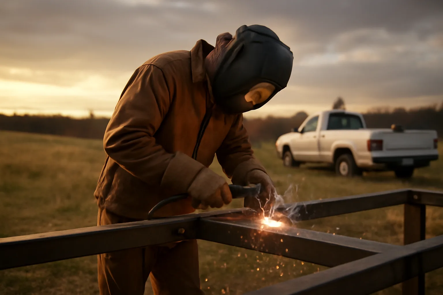 Mobile welder torch-welding a steel frame outdoors in rural Tennessee at golden hour