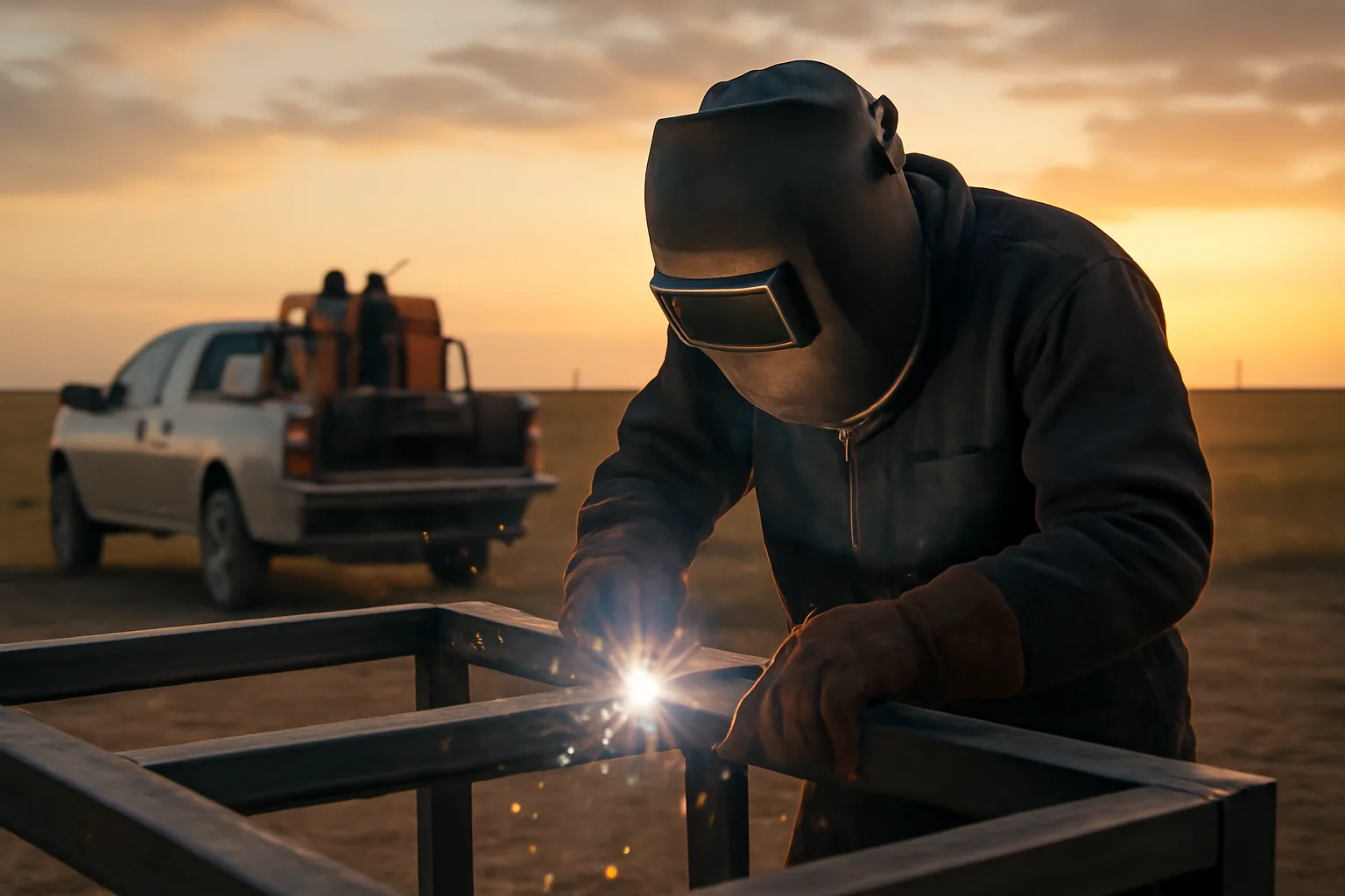 Mobile welder in protective gear welding steel frame outdoors in Texas at golden hour