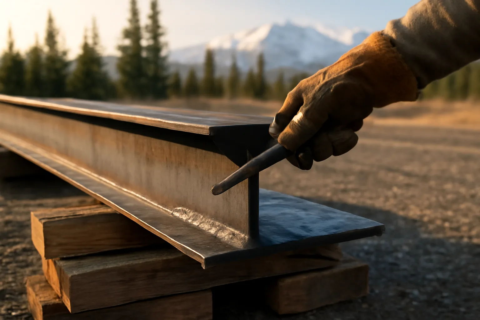 Gloved hand checks a cooling weld on a steel beam in Alaska