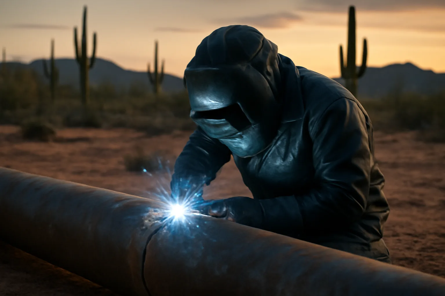 Mobile welder joining a steel pipe on an Arizona desert ranch