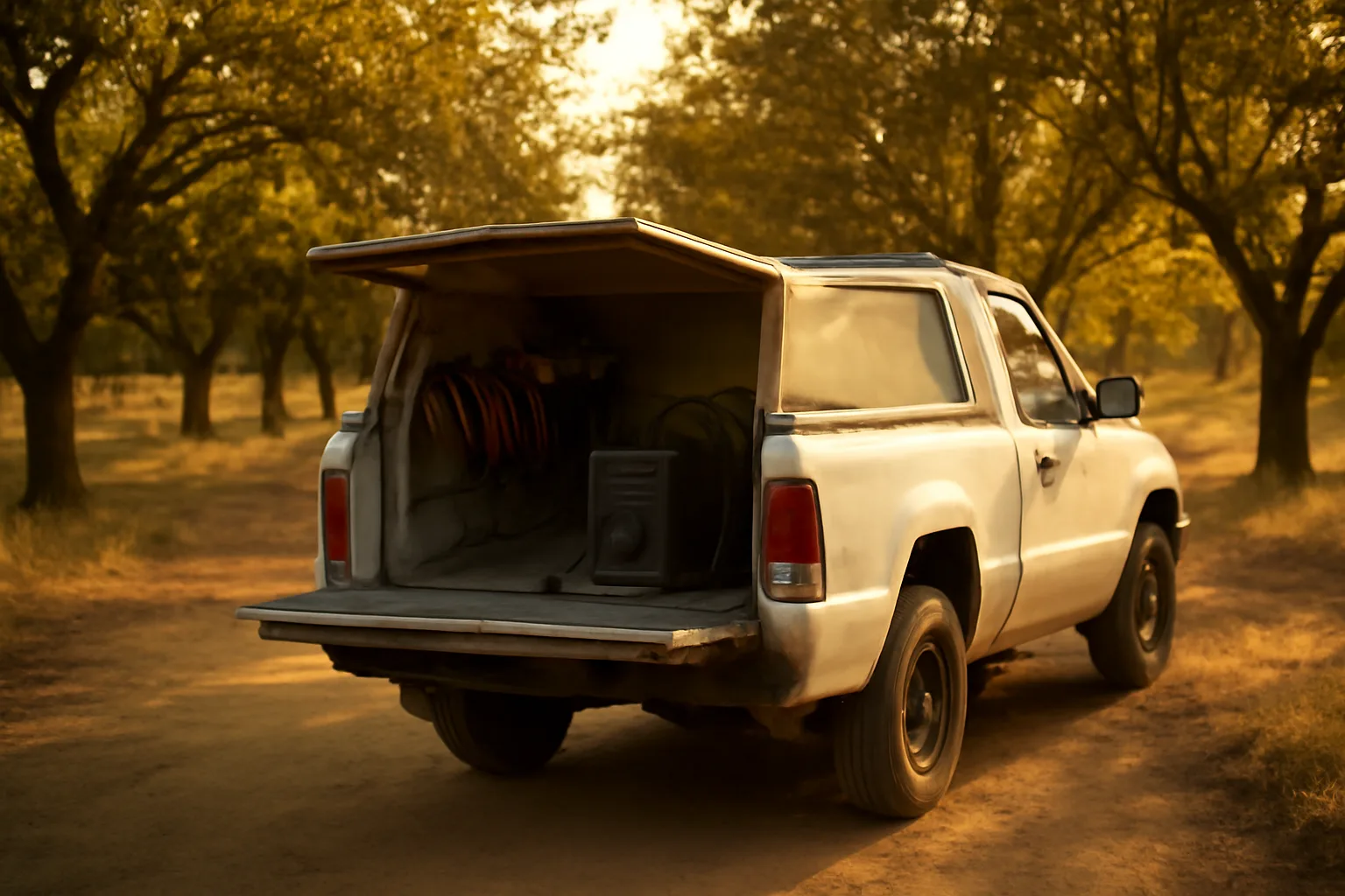 Mobile welder rig parked on a dusty California orchard lane