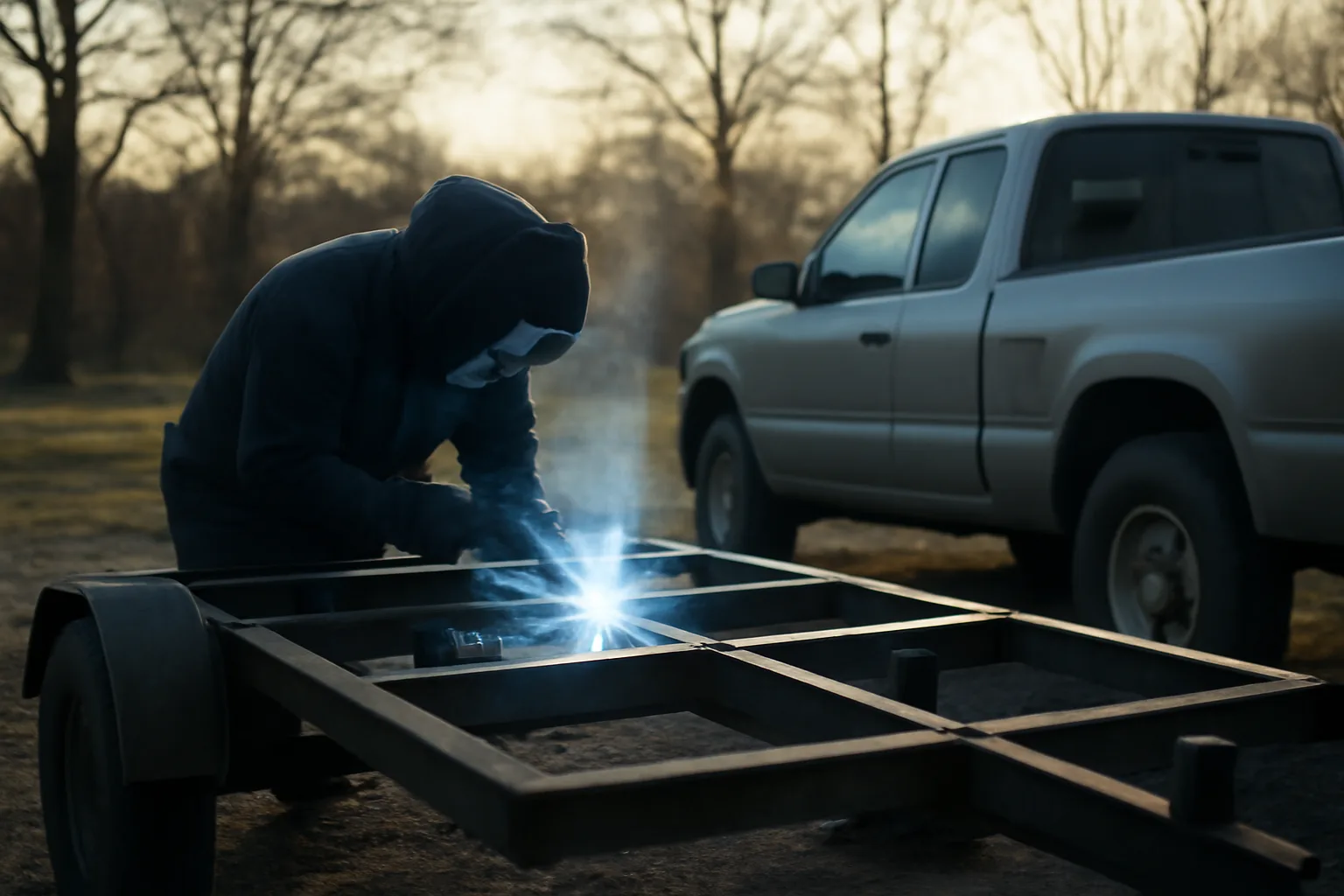 Mobile welder joins steel beside a truck on a farmyard