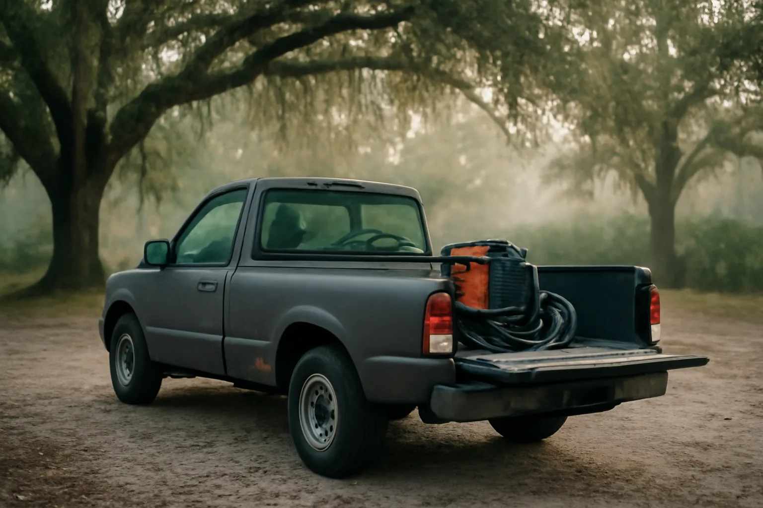 Unbranded pickup carrying a portable welder on a humid Florida morning