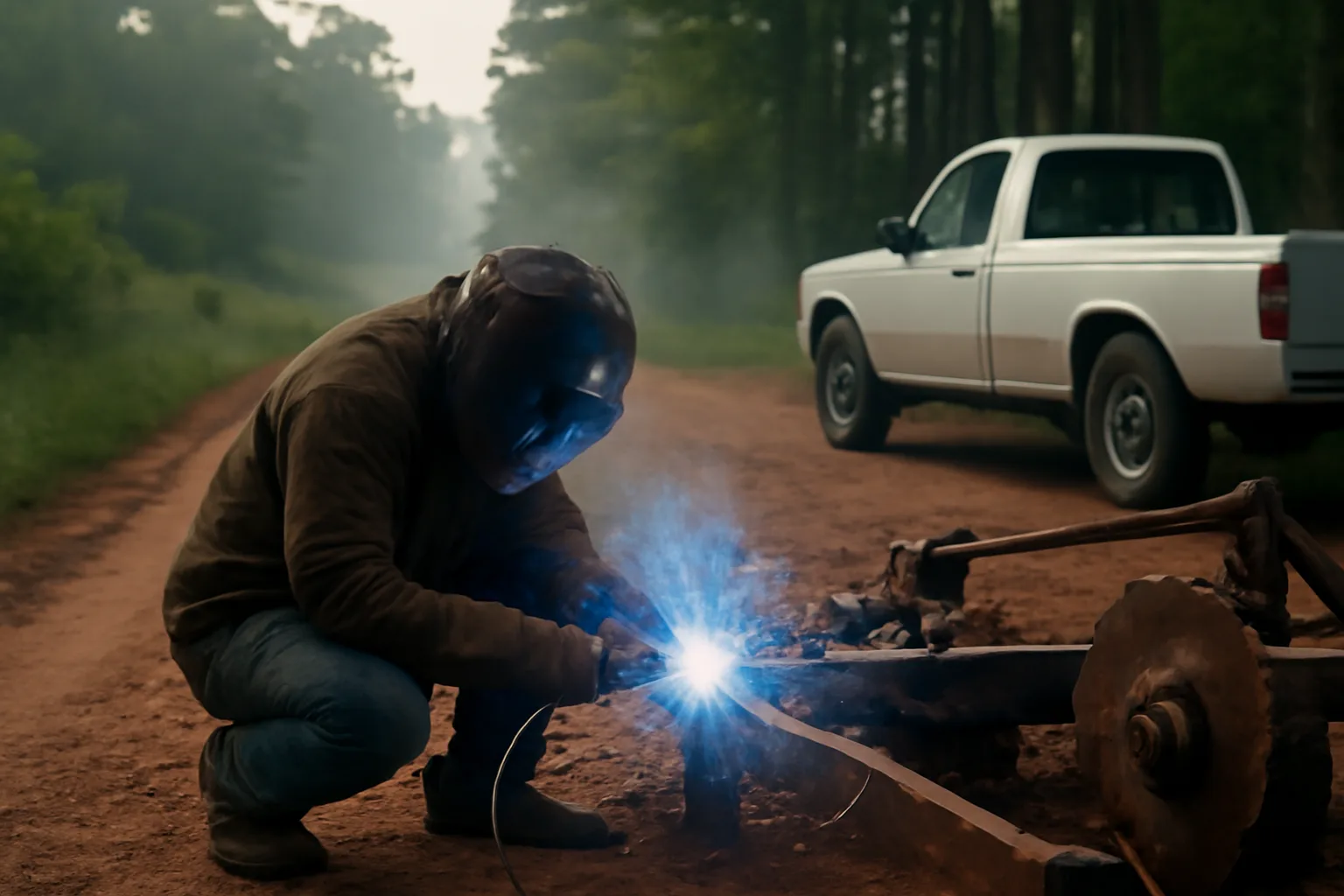 Mobile welder repairing farm steel on a rural Alabama lane