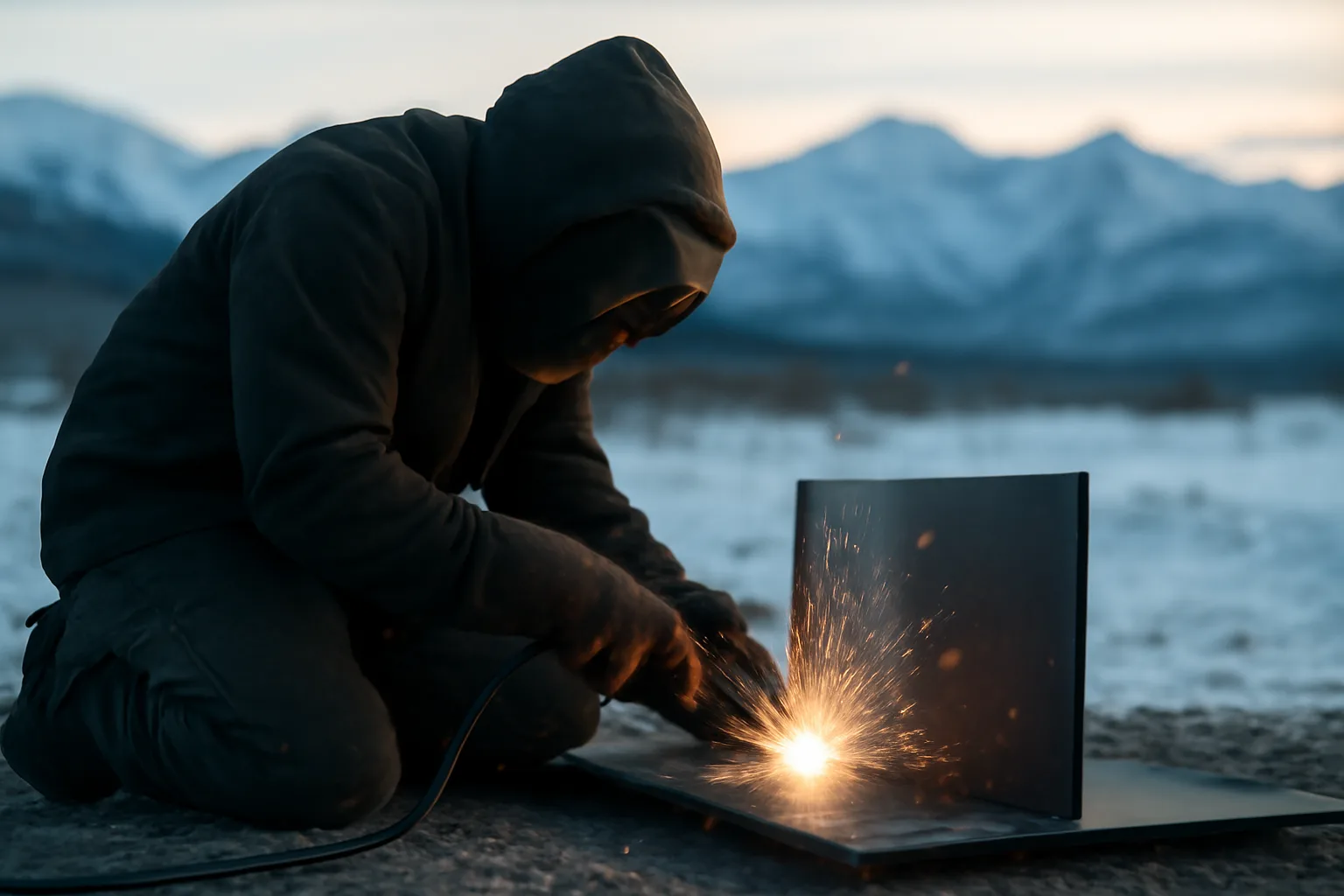 Mobile welder joins steel plates on a snowy Alaska pad