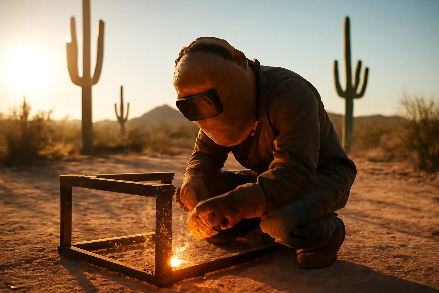 Mobile welder joining steel on a dusty Arizona jobsite at sunset
