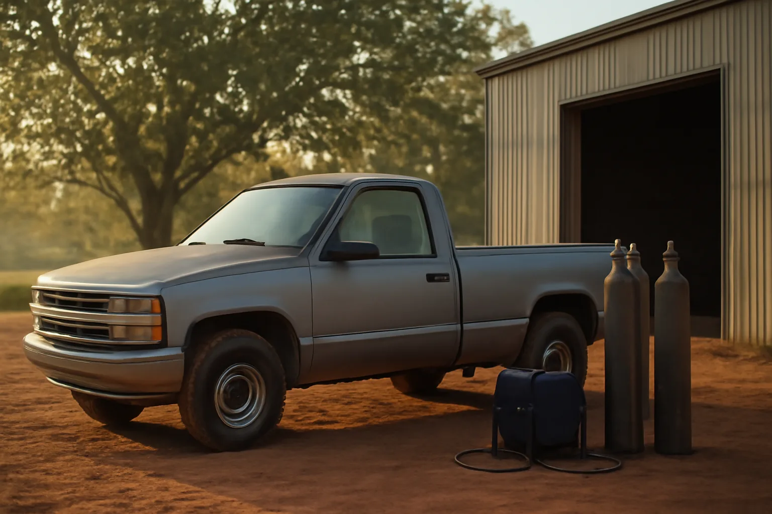 Unmarked pickup and portable welder beside a rural Arkansas shop