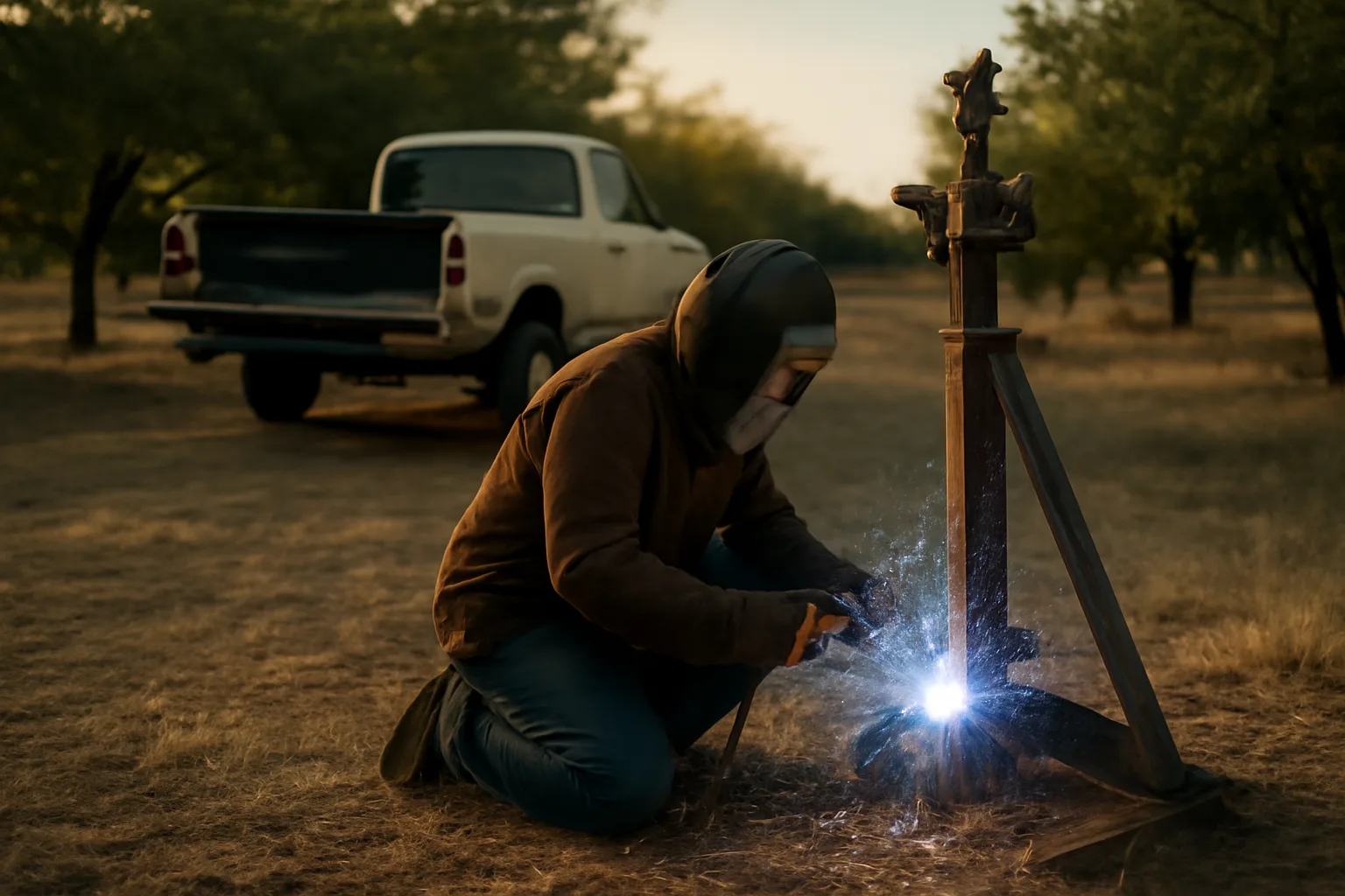 Welder striking an arc beside a pickup in rural California