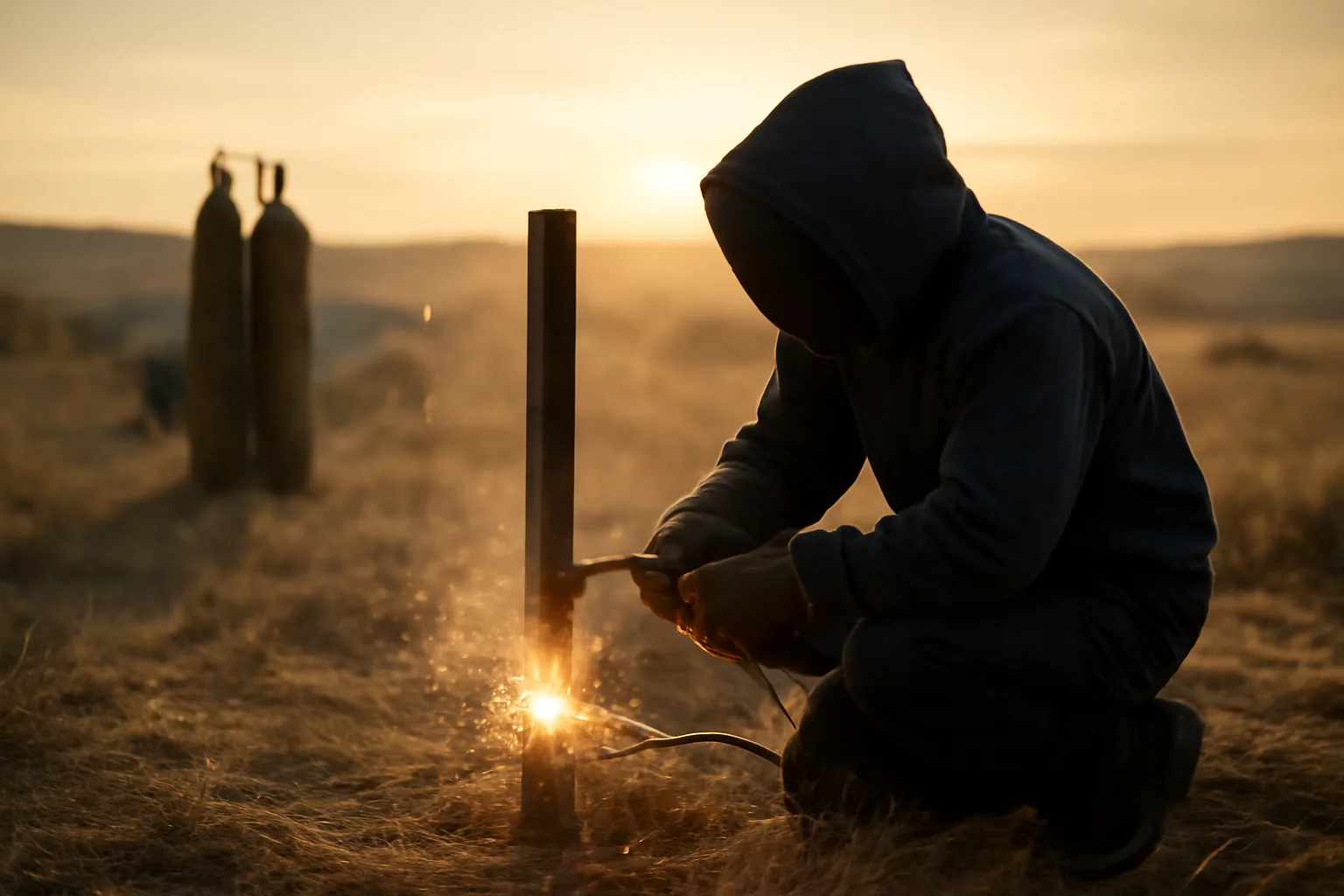 Mobile welder repairing steel equipment on open Colorado grassland