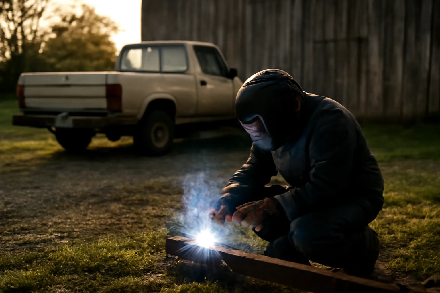 Welder working on farm steel beside a truck in Connecticut