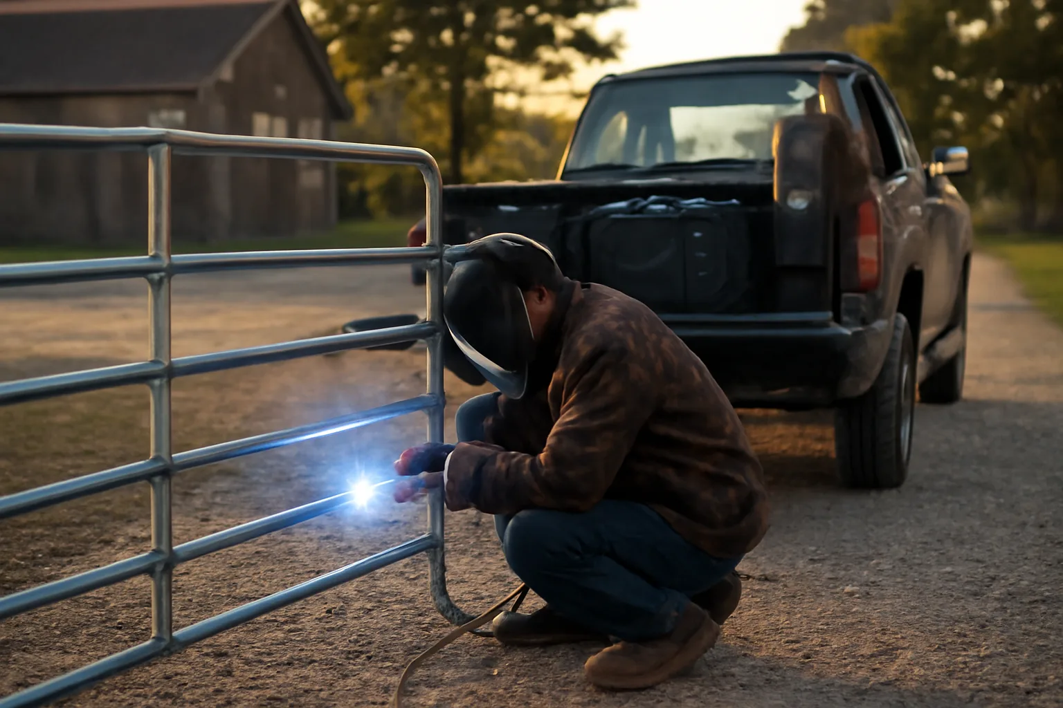 Welder repairing a steel farm gate from a truck in Delaware
