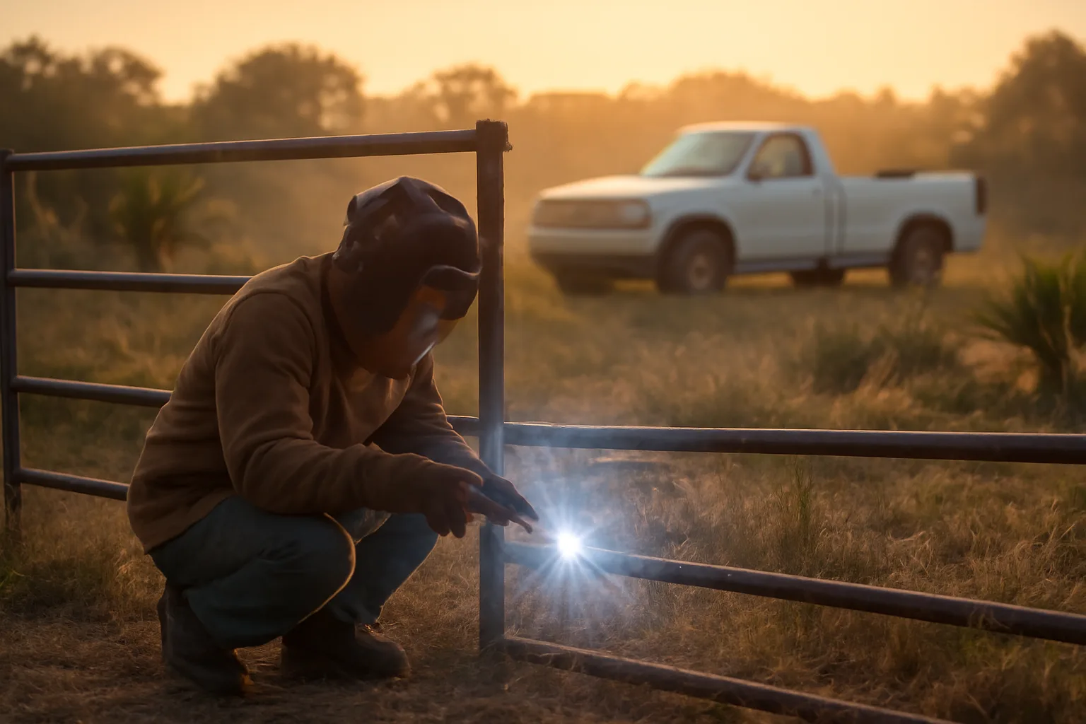 Mobile welder works a steel gate in a Florida pasture
