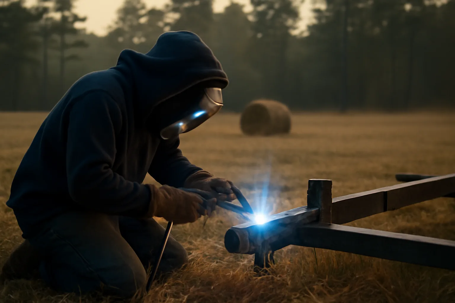 Mobile welder working on a steel trailer in a Georgia hayfield