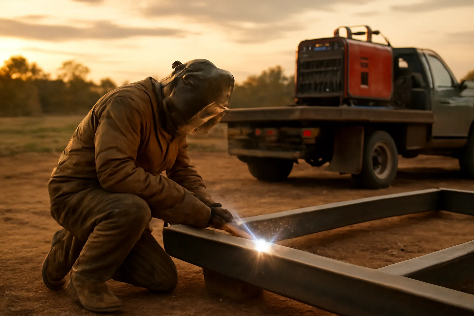 Mobile welder kneeling at steel frame beside flatbed truck on rural Tennessee job site