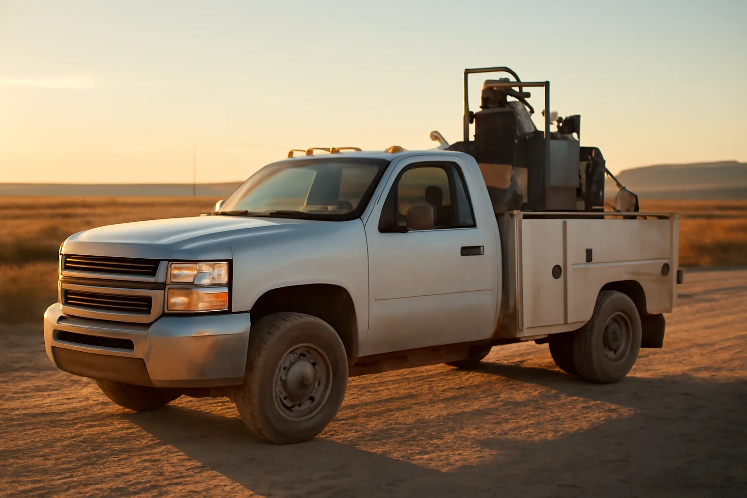 Mobile welding service truck with rig welder on flatbed on a Texas ranch road