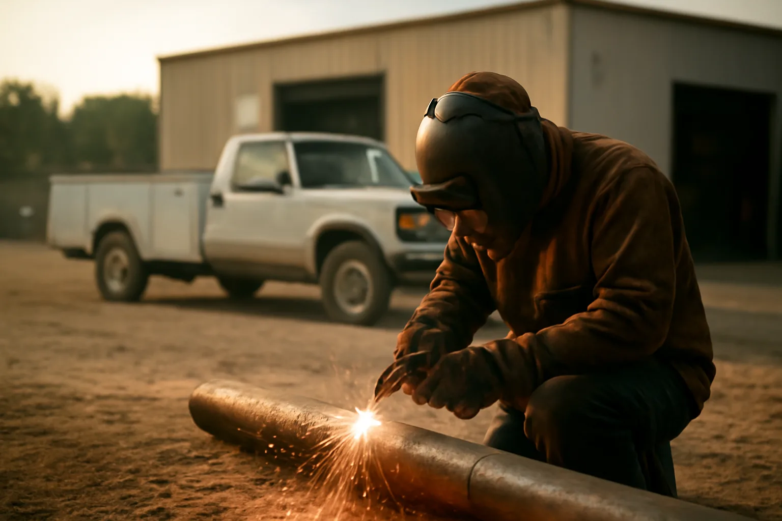 Welder joining steel pipe beside a truck on Alabama gravel