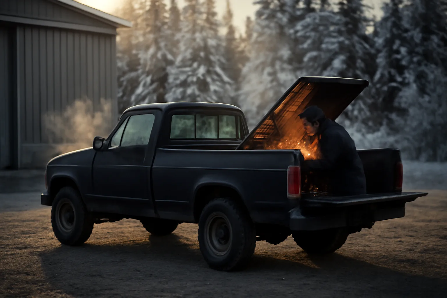 Mobile welder working from a truck bed in an Alaska lot