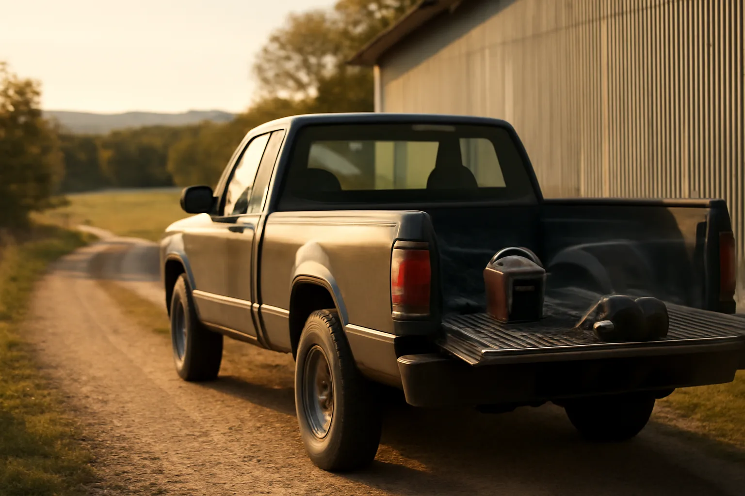 Unmarked welding truck parked by an Arkansas farm shed