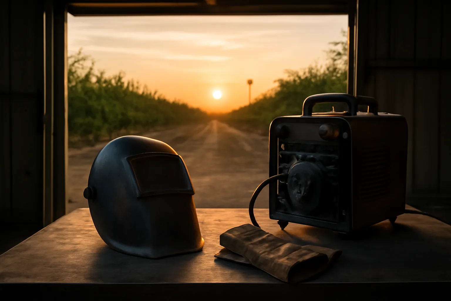 Mobile welder gear staged in a California garage at sunrise