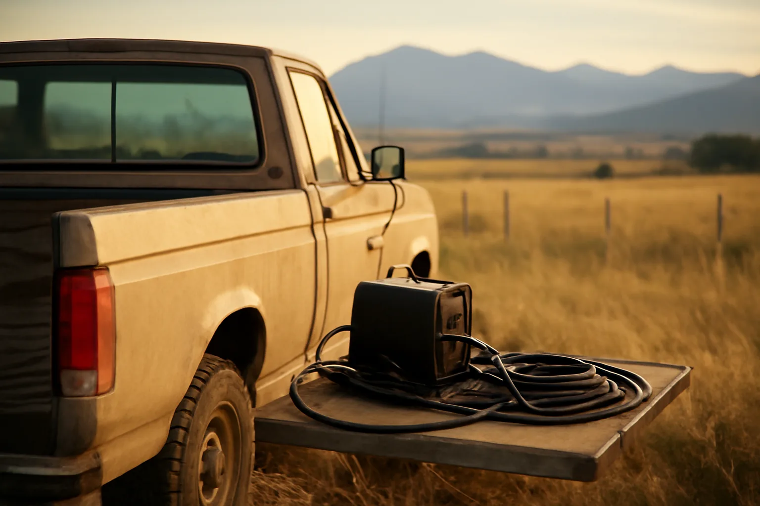 Mobile welder truck on Colorado grassland toward the Front Range