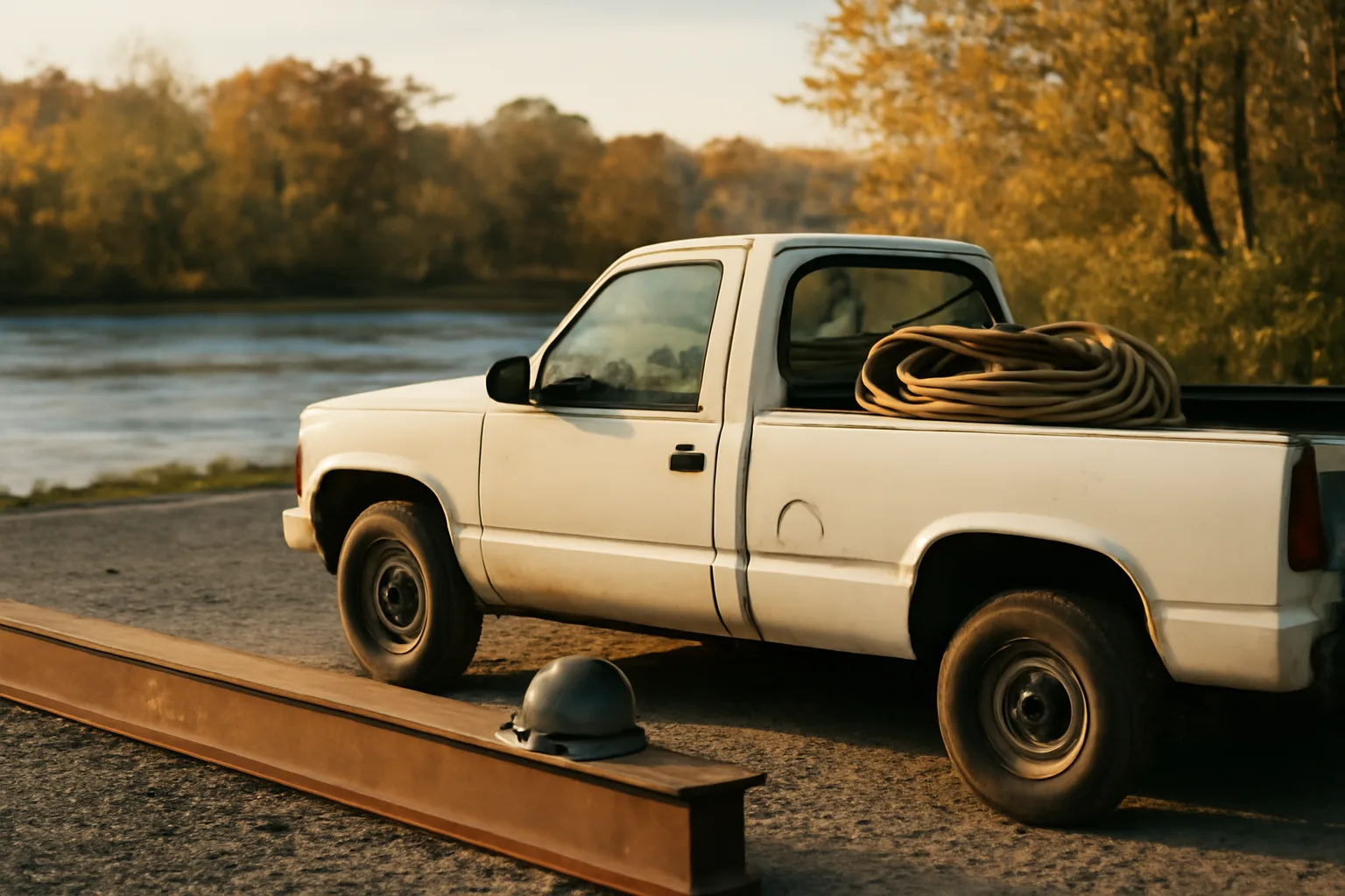 Welding truck and helmet beside steel on a Connecticut gravel lot