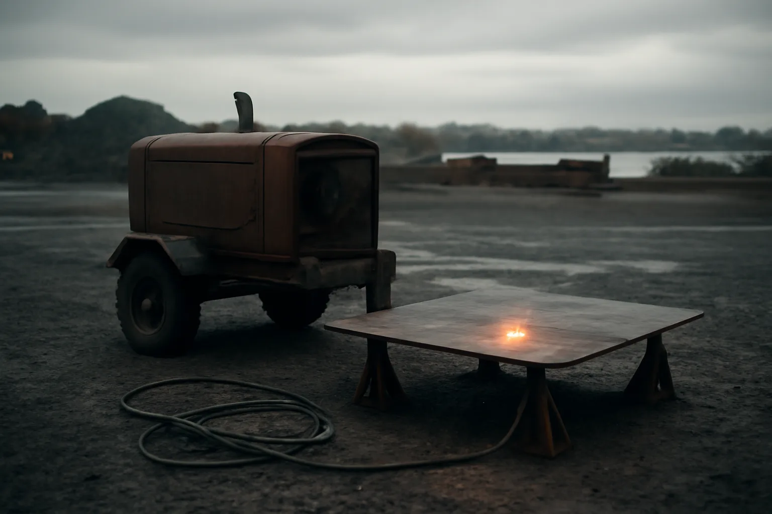 Portable welder and steel plate in a Delaware industrial lot